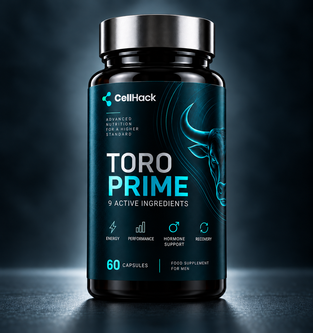 Close-up of the Toro Prime™ bottle on a dark background
