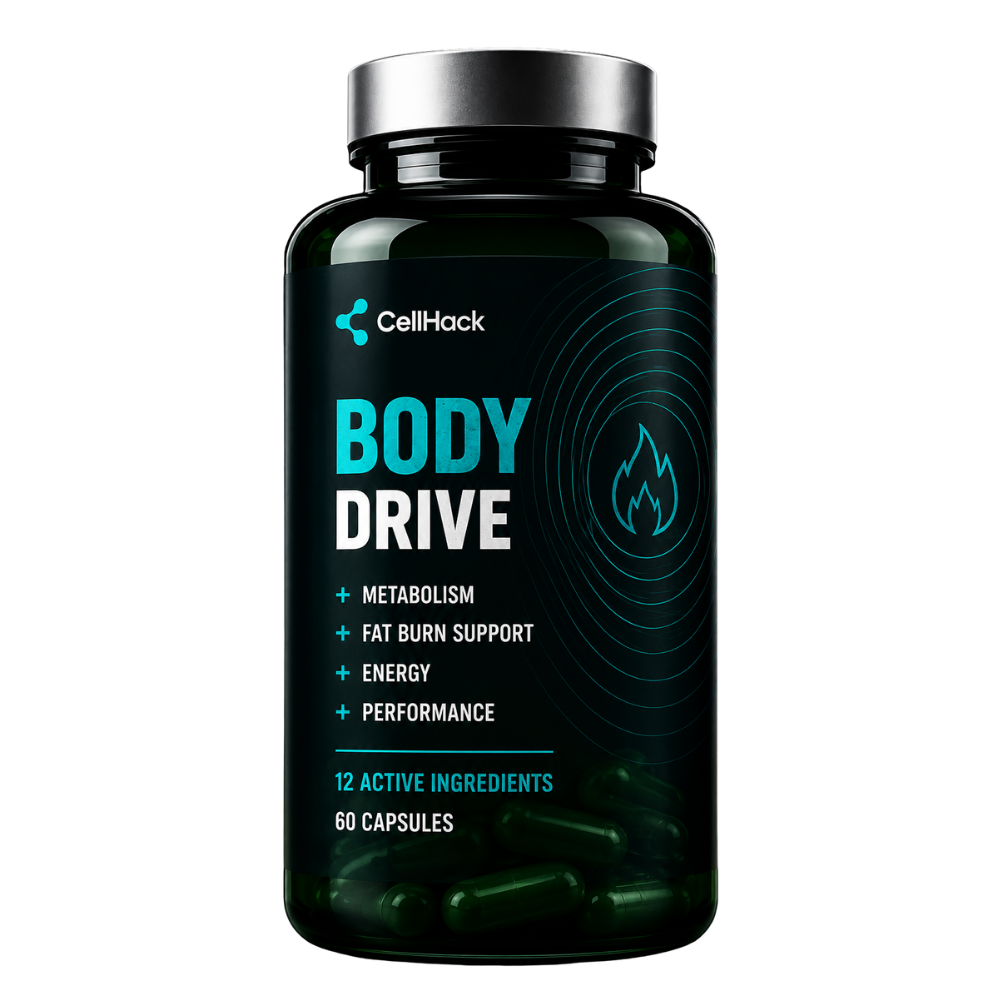 Close-up of the Body Drive bottle on a black background