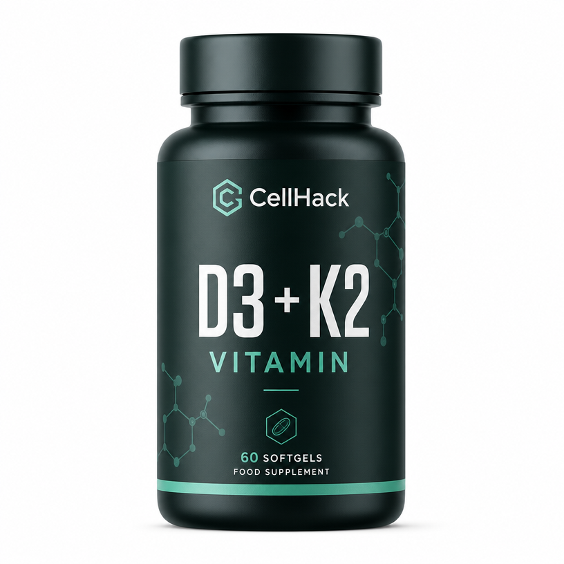 Close-up of the CellHack D3 + K2 bottle