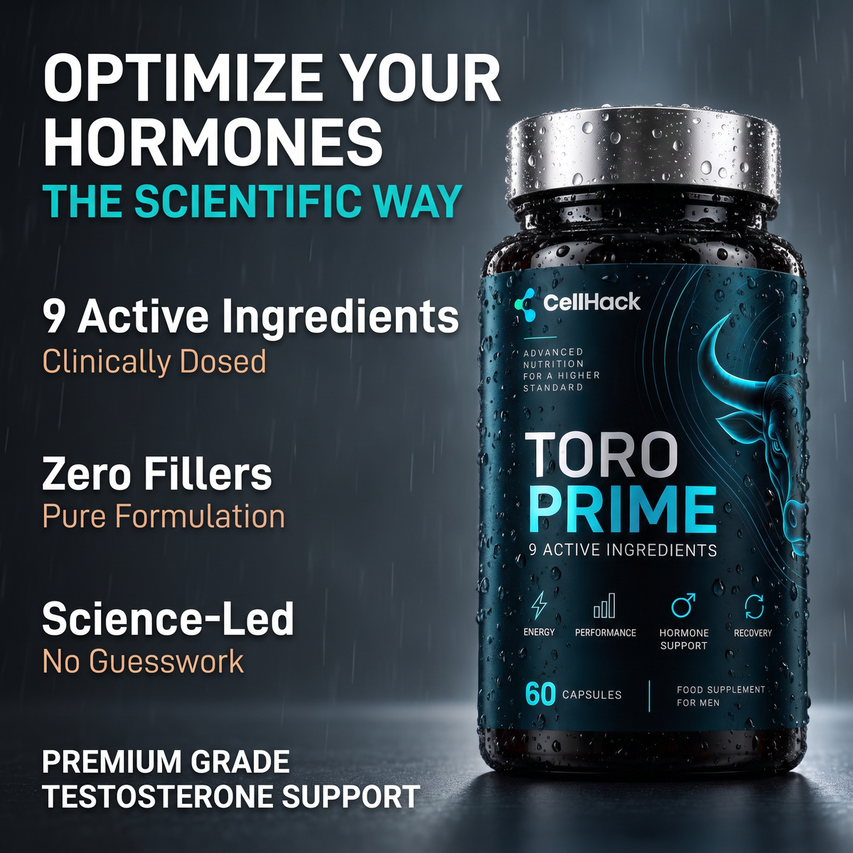 Toro Prime™ bottle on a dark background with a list of product features