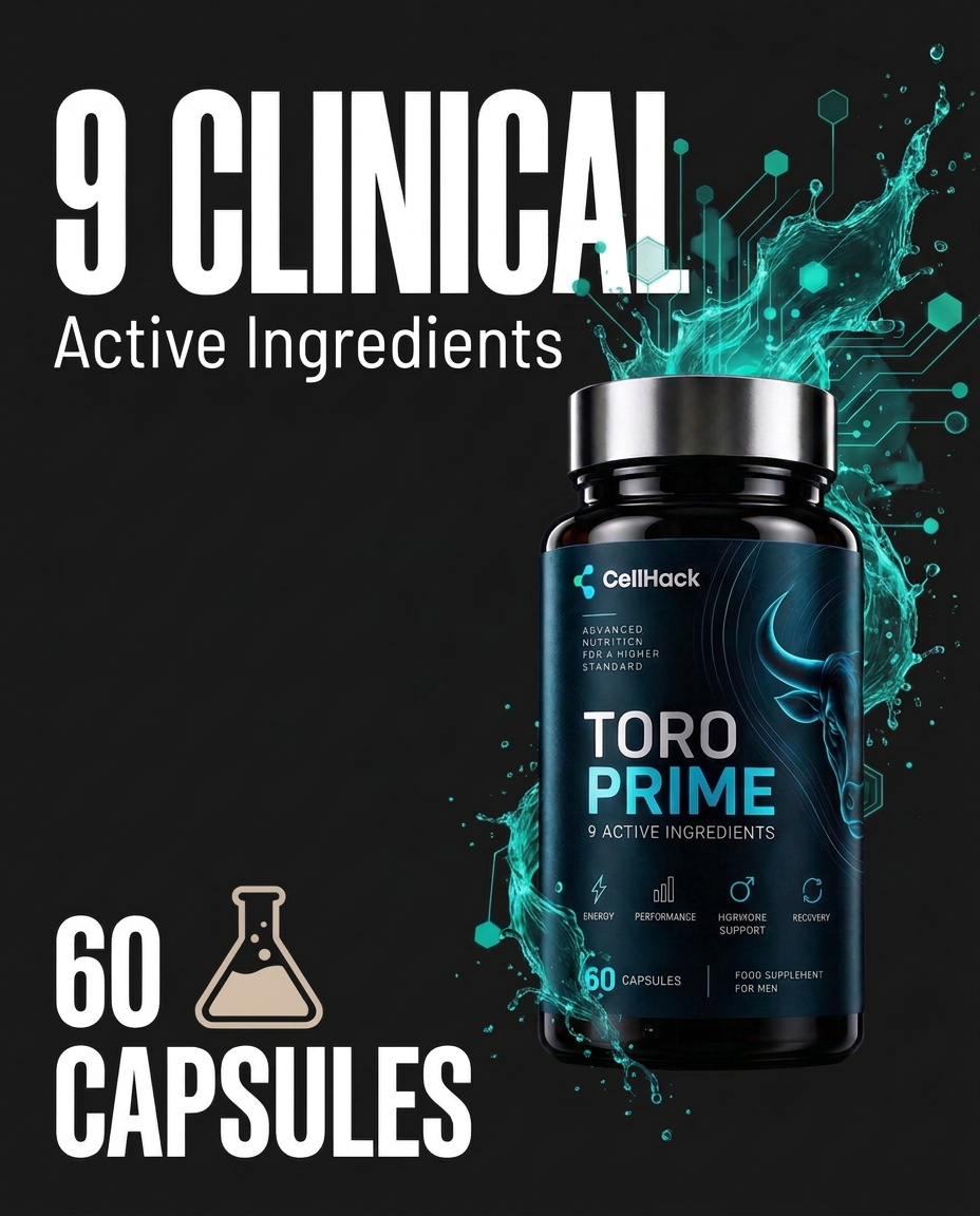 Toro Prime™ bottle, 60 capsules, with a teal splash graphic