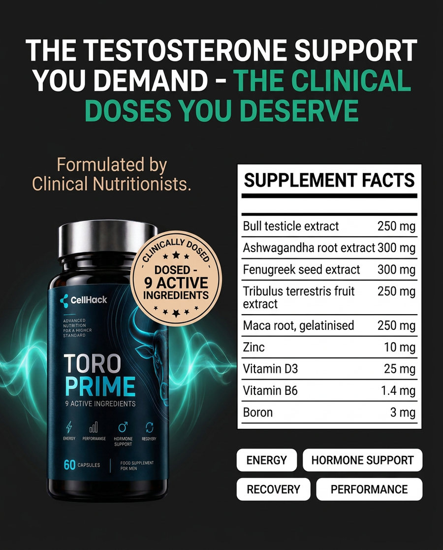 Toro Prime™ bottle beside a supplement facts panel listing nine active ingredients and their doses