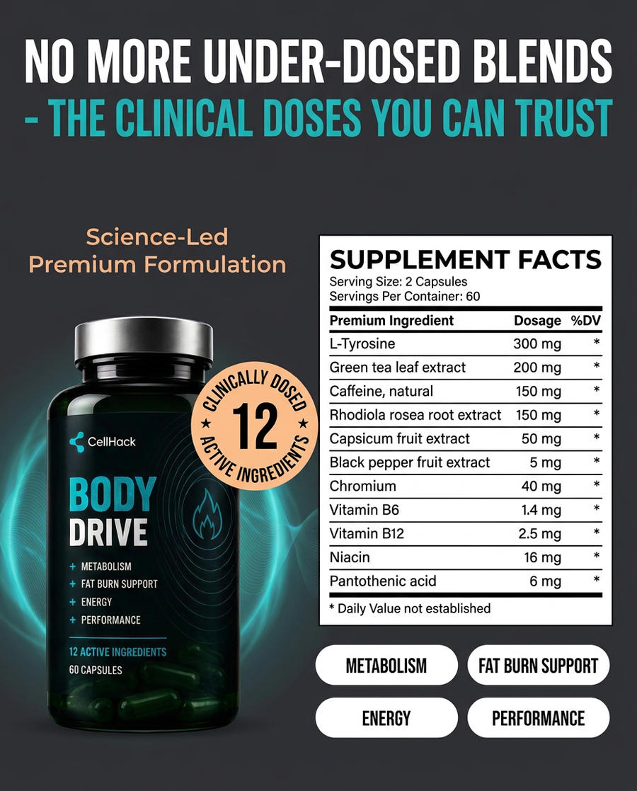 Body Drive bottle beside a supplement facts panel listing its actives