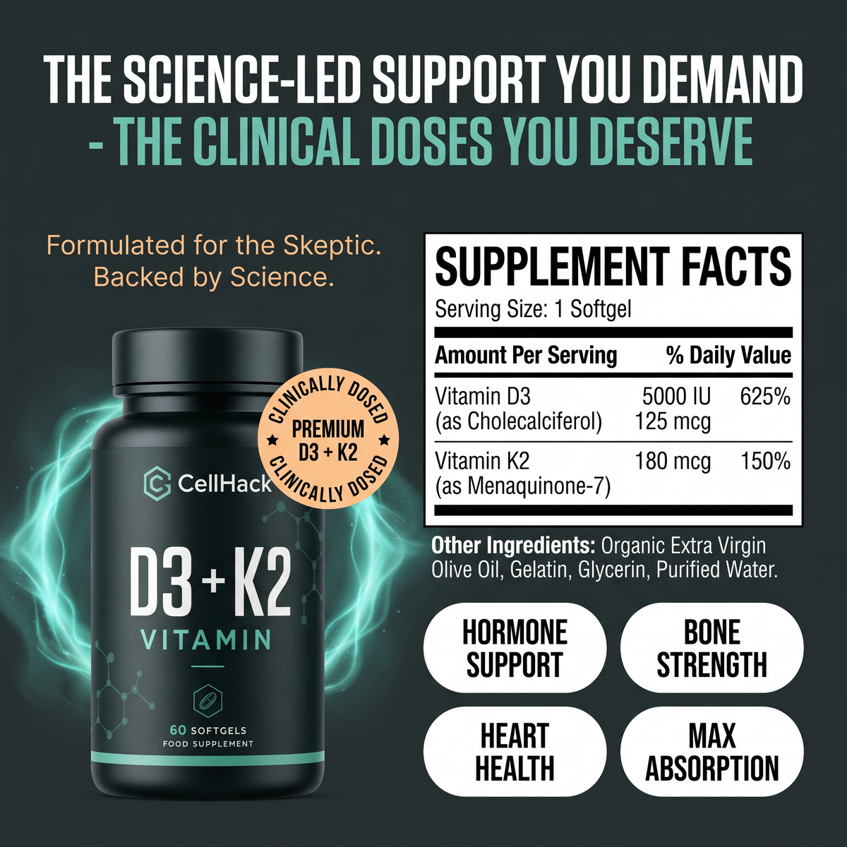 CellHack D3 + K2 bottle beside a supplement facts panel