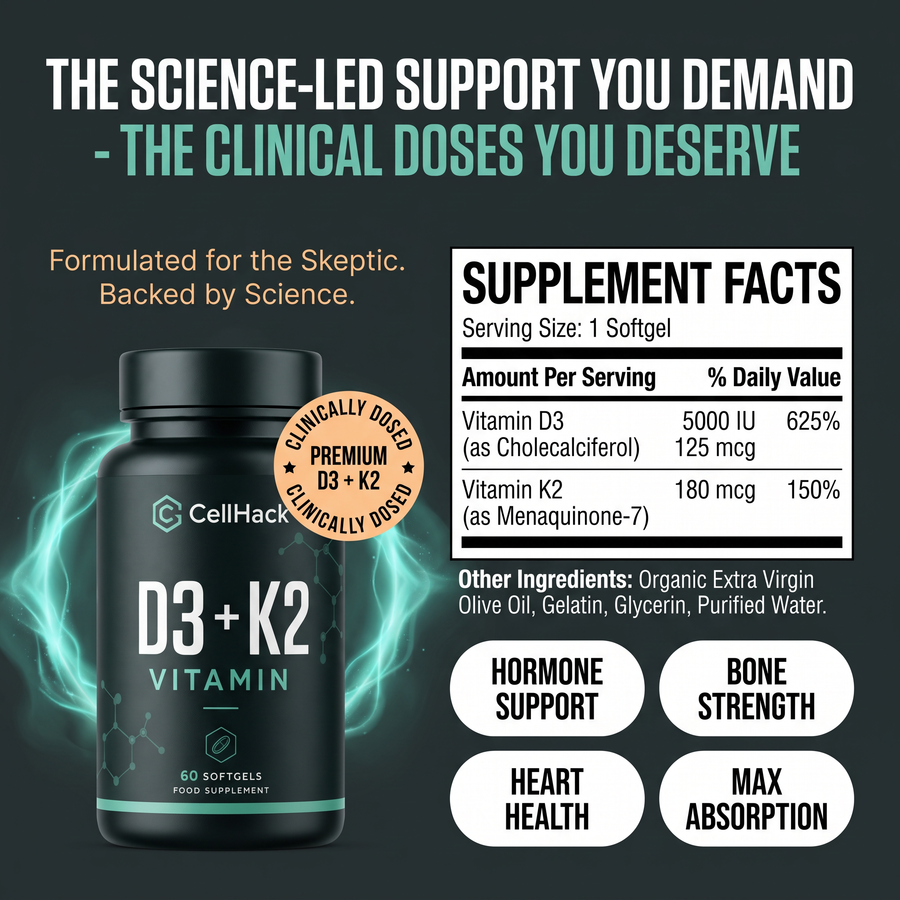 CellHack D3 + K2 bottle beside a supplement facts panel