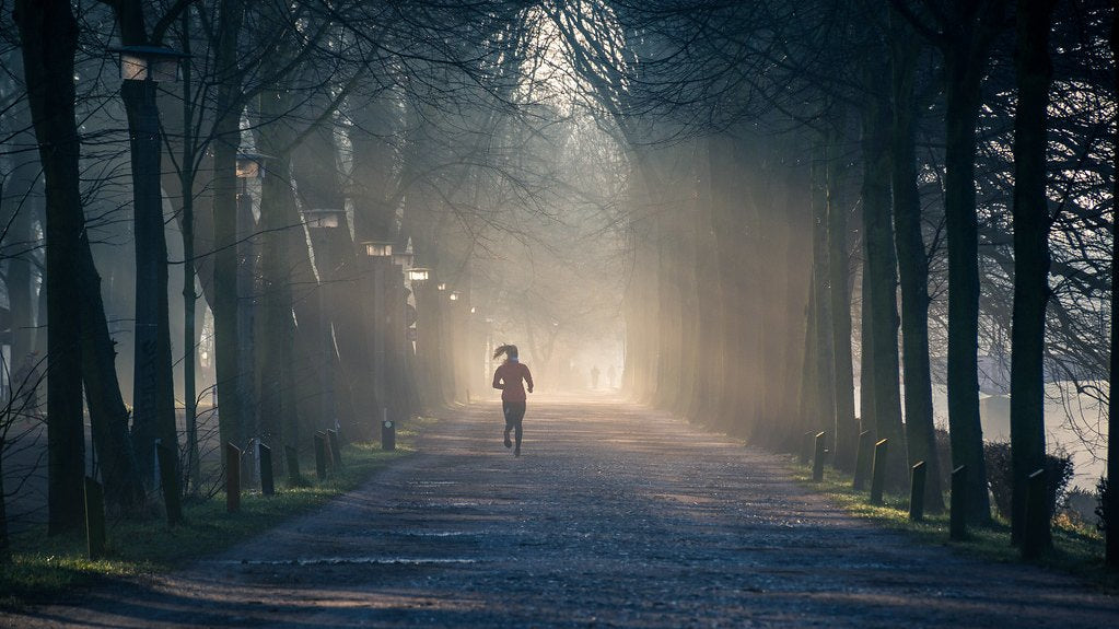 A lone runner on a misty tree-lined path at sunrise