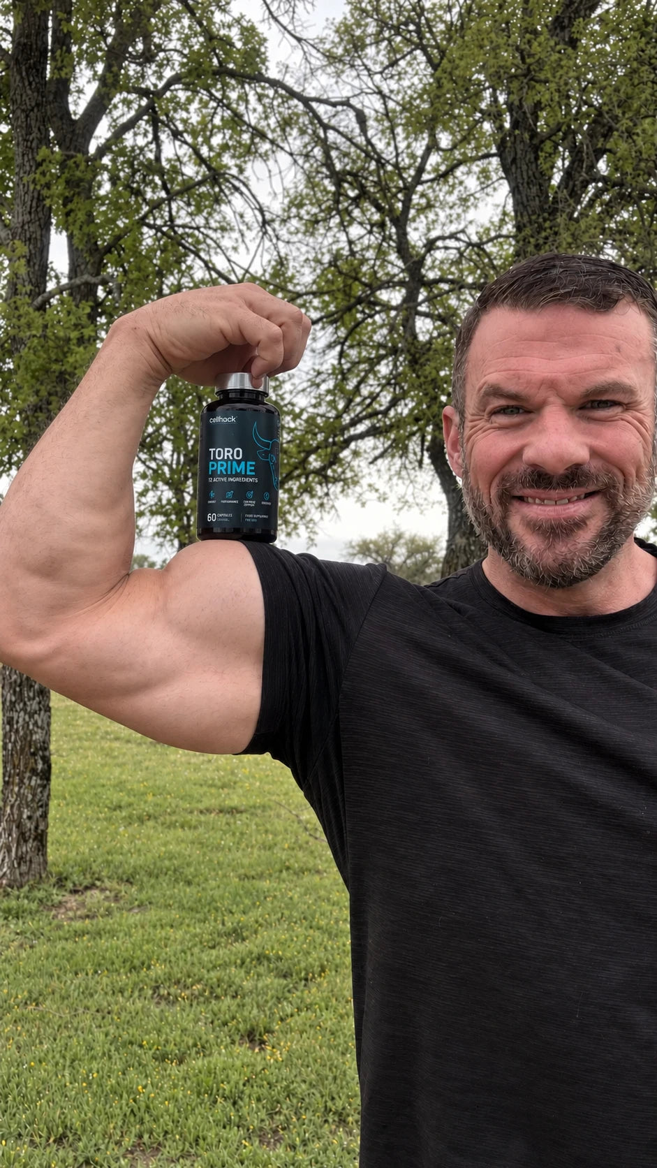 A man flexing with a bottle of Toro Prime balanced on his arm